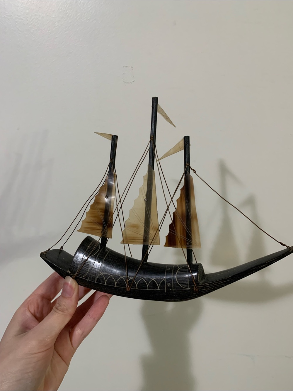 Vintage Chinese Sailing Boat Horn Sculpture - Carved Water Buffalo Horn